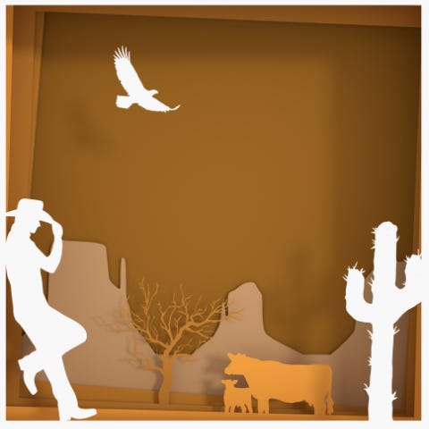 Silhouettes of a cowboy, a cactus, cattle, and a hawk. 