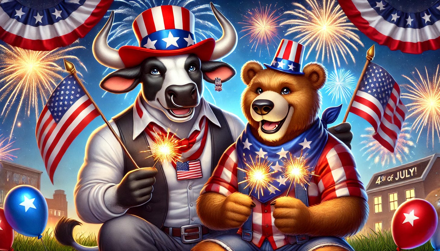 An anthropomorphic bull and bear celebrating the 4th of July. The bull is wearing a patriotic hat and holding an American flag, while the bear is dressed in a similar festive outfit, holding sparklers. They are standing in front of a backdrop of fireworks lighting up the night sky, with a banner that says 'Happy 4th of July'. The scene is cheerful and lively, with red, white, and blue decorations all around.