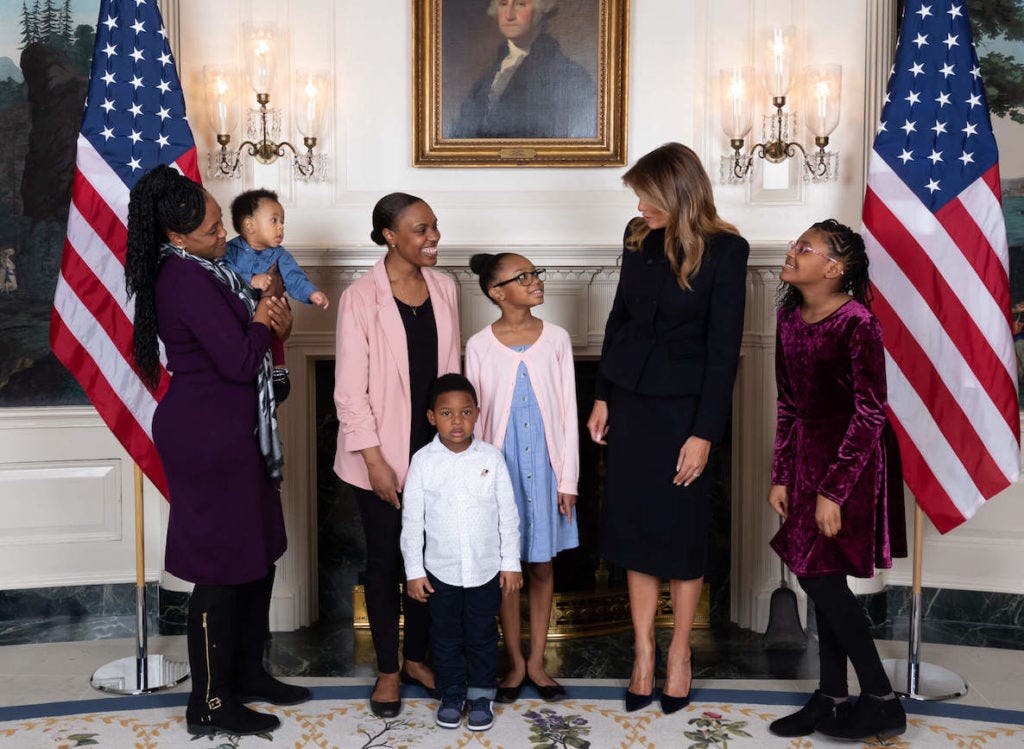 Melania Trump poses with the family of Philadelphia fourth grader Janiyah Davis. Melania Trump poses with the family of Philadelphia fourth grader Janiyah Davis.