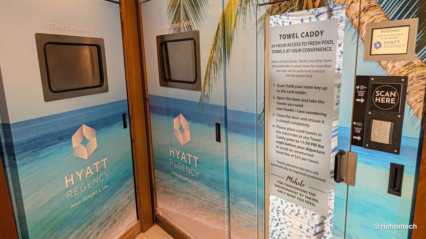 Automated pool towel station at the Hyatt Regency Maui Resort & Spa, where guests scan their room key to check out towels and return them to avoid a $25-per-towel fee.