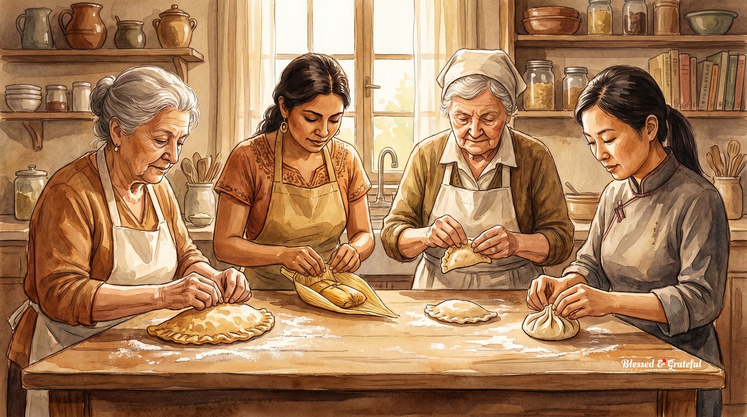 A long shared table where cooks of four heritages each seal a folded food side by side A long shared table where cooks of four heritages each seal a folded food side by side