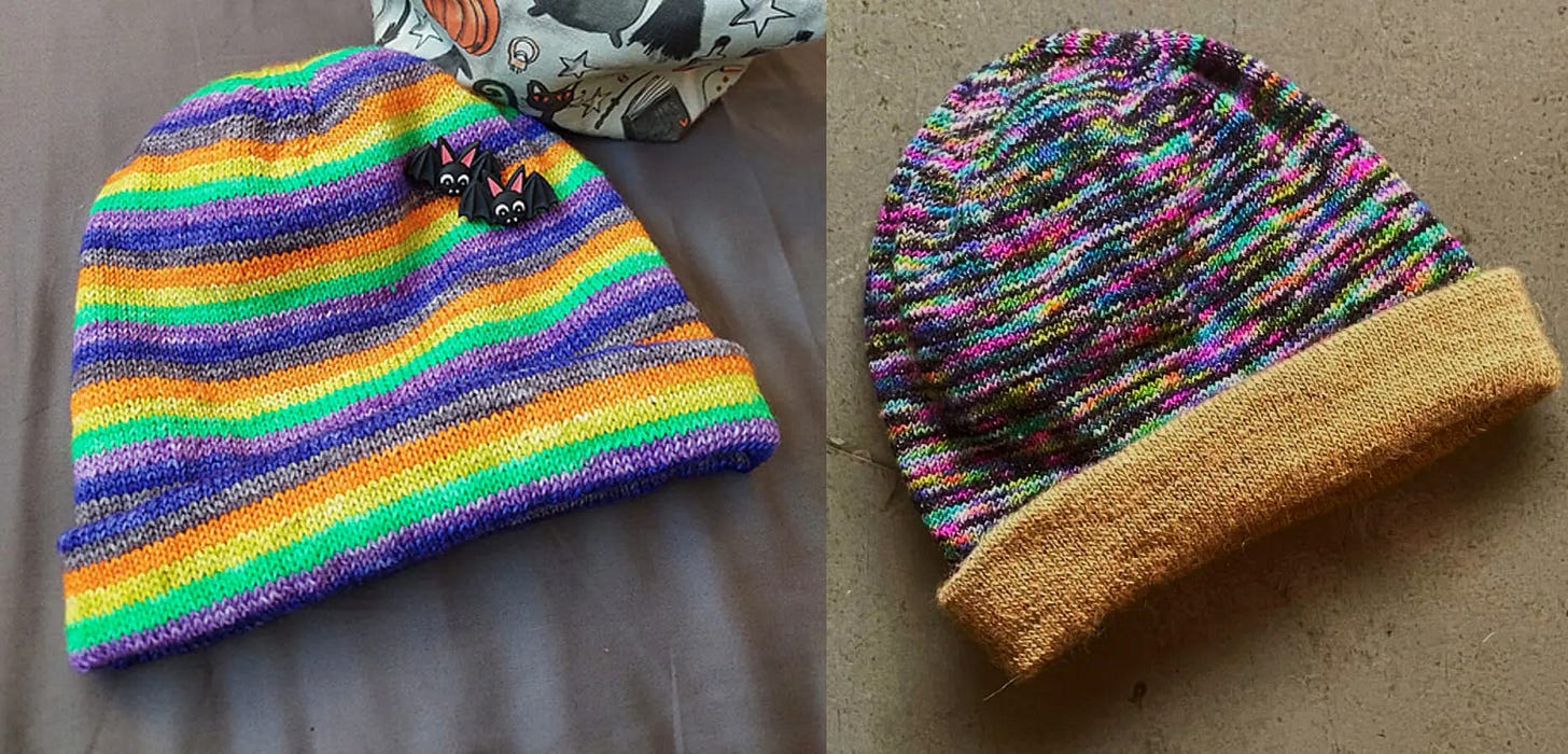 on the left, colorful striped hat; on the right, colorful hat with camel-colored brim