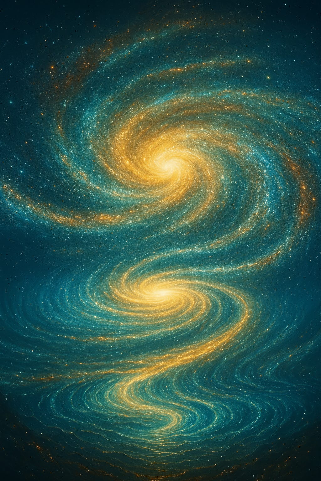 A radiant spiral galaxy unfurls from the cosmic deep, its golden centre glowing like a sunburst at the heart of creation. Surrounded by waves of turquoise stardust and layered dimensional folds, the scene evokes reality spiralling upward from a vast, unseen ocean of potentiality—an infinite sea where possibilities condense into luminous form.