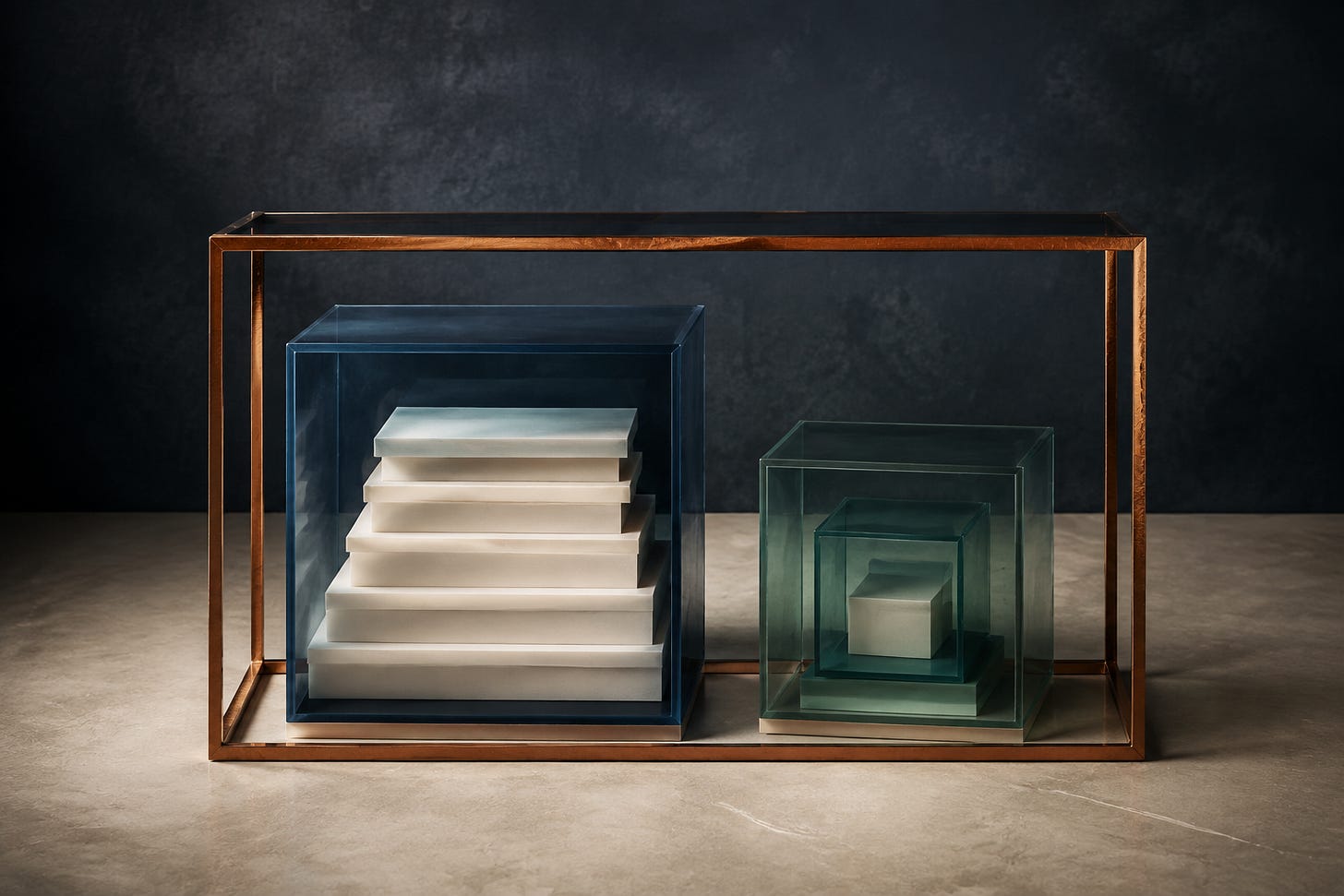 Two differently sized translucent blue and green forms with nested layers sit inside a shared copper frame. Two differently sized translucent blue and green forms with nested layers sit inside a shared copper frame.