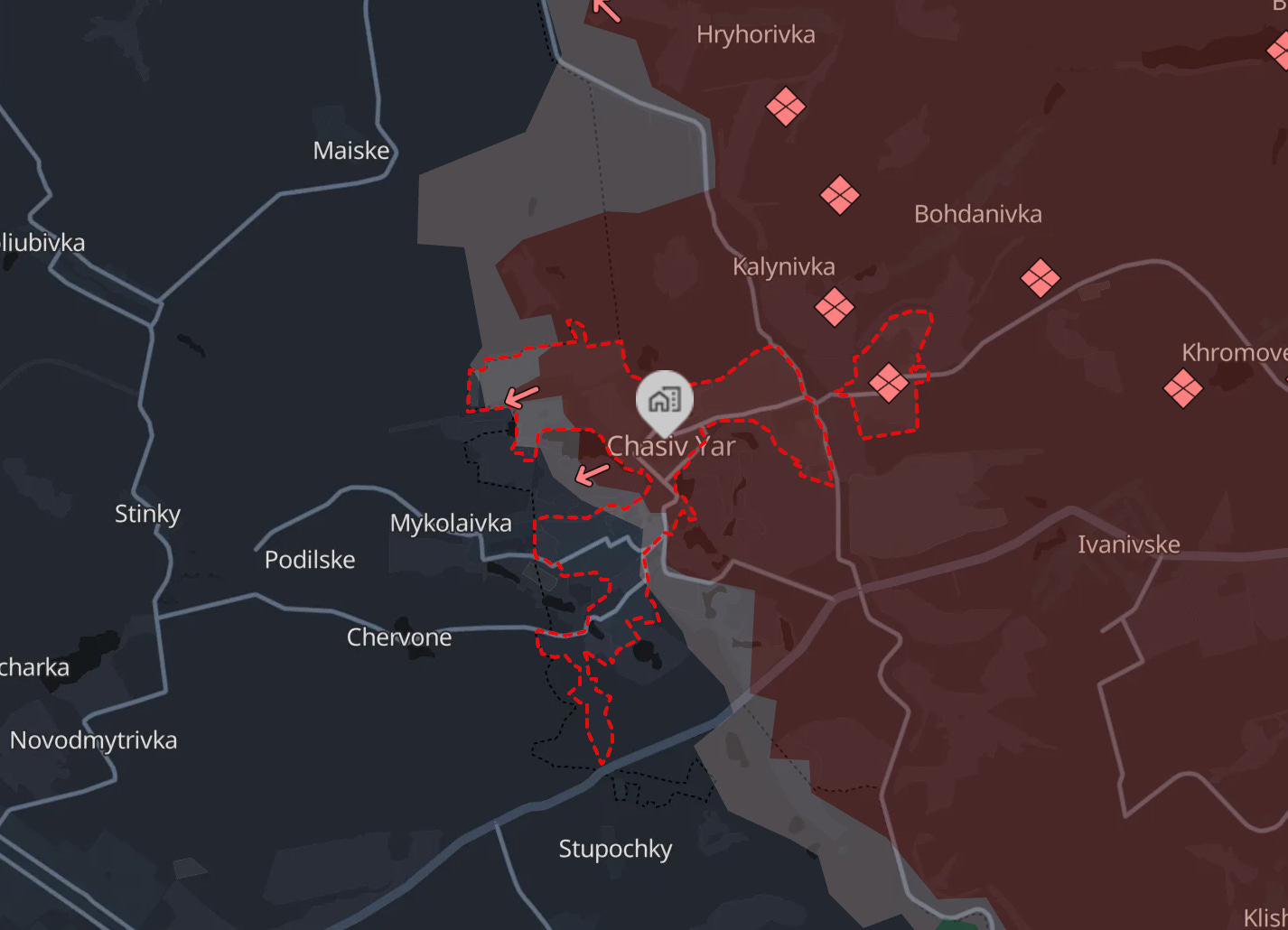 Map of the frontlines in Donetsk oblast in July 2025 centered on the city of Chasiv Yar. The map shows that Russia occupies some but not all of the city.