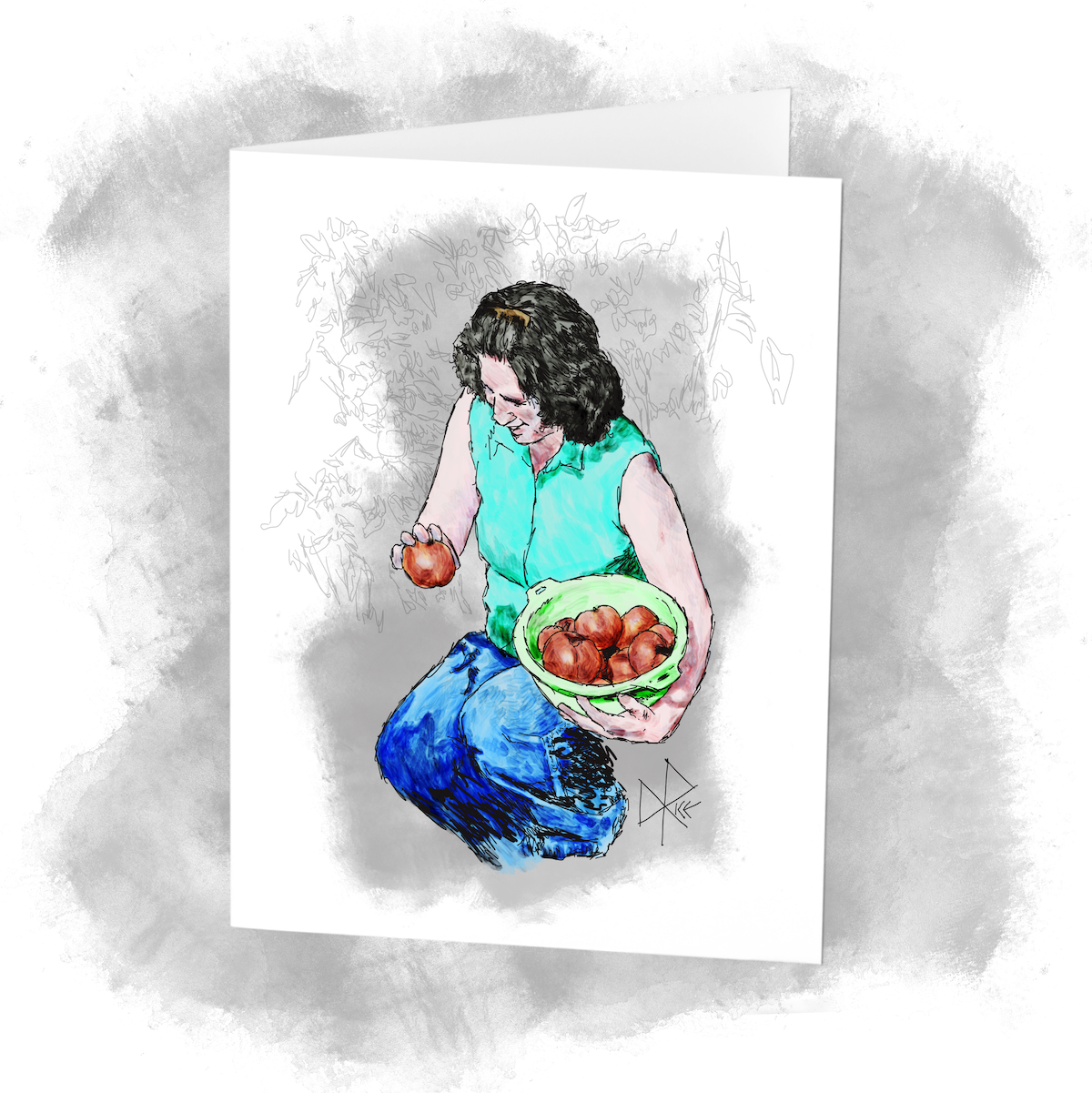 A woman in jeans and sleeveless shirt squats in her garden, smiling and harvesting tomatoes and placing them in the bowl held at her hip. Sketch art by Don Rice. A woman in jeans and sleeveless shirt squats in her garden, smiling and harvesting tomatoes and placing them in the bowl held at her hip. Sketch art by Don Rice.