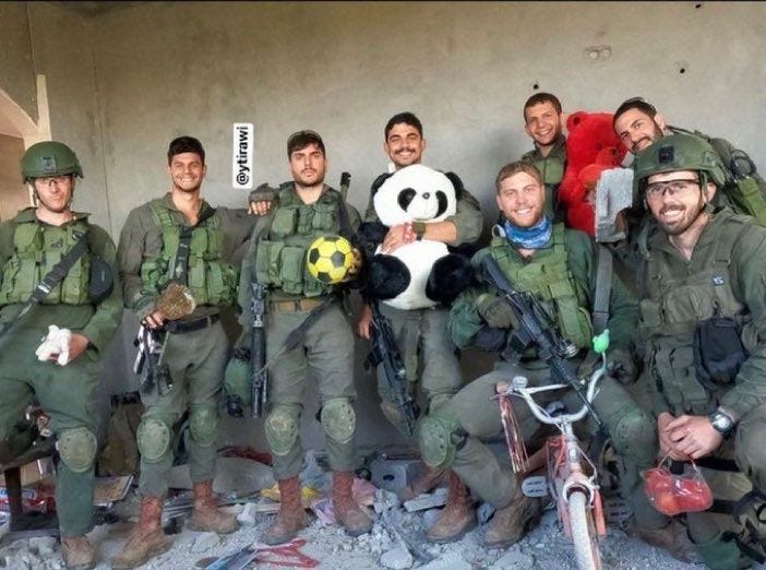 In Gaza, IDF soldiers embody Thanacide and Spectracide in one act — killing children, then playing with their toys; desecrating women, then wearing their lingerie. The photos are posed, shared, and celebrated, turning atrocity into both policy and performance.