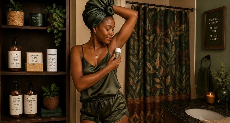 Woman puts on natural deodorant while wearing a headwrap and a green silk pajama shorts set
