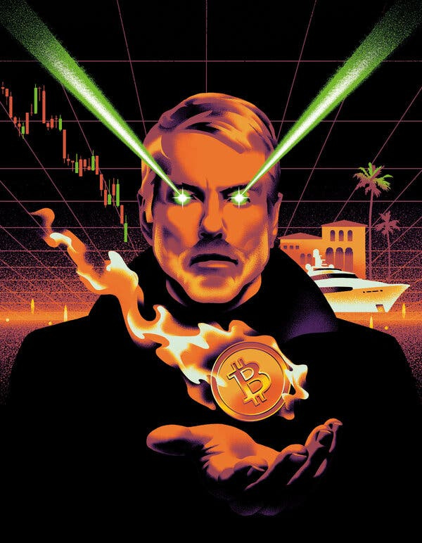 In an illustration, beams of green light streak from a man’s eyes. A burning coin bearing the Bitcoin logo floats above his open right hand, which he raises in front of him. 