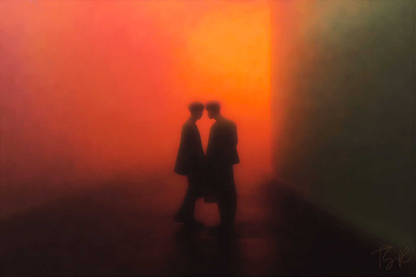 Two men face each other in red-orange haze, one mid-step, a green wall to the right, the scene tense and dimly lit.