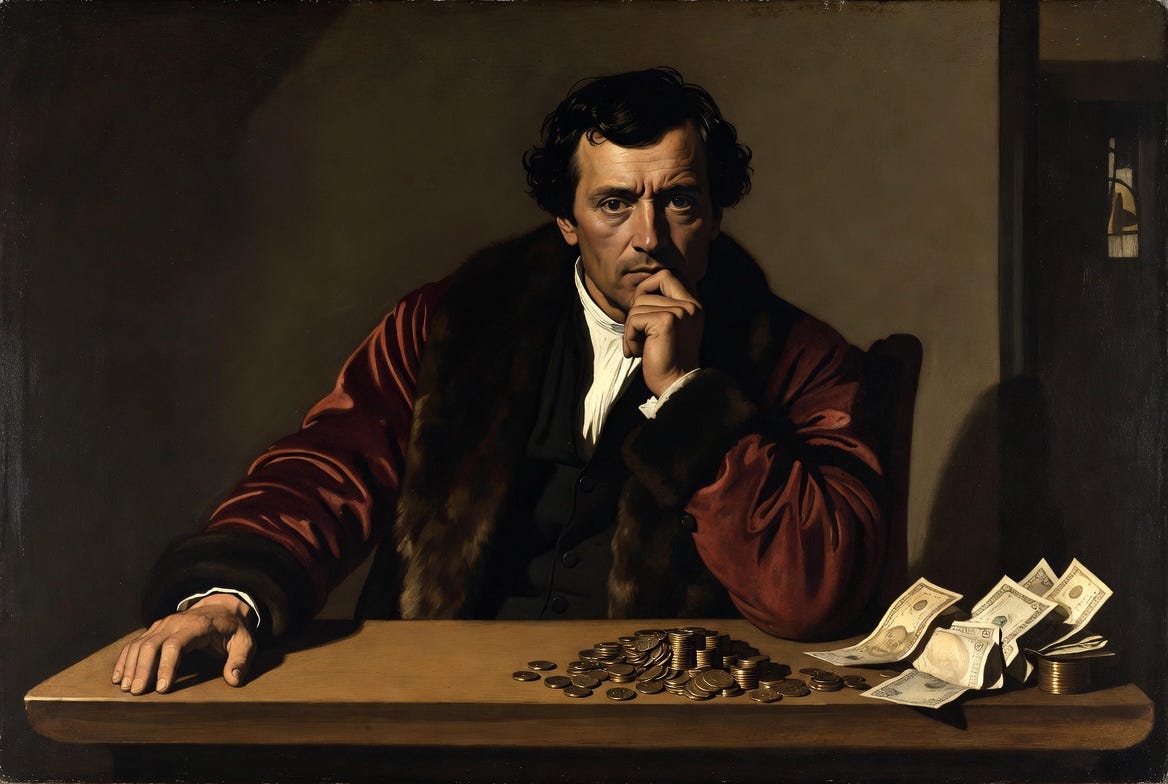 A Caravaggio-style painting of a 14th-century merchant banker in Florence, seated with gold coins, in dramatic lighting.