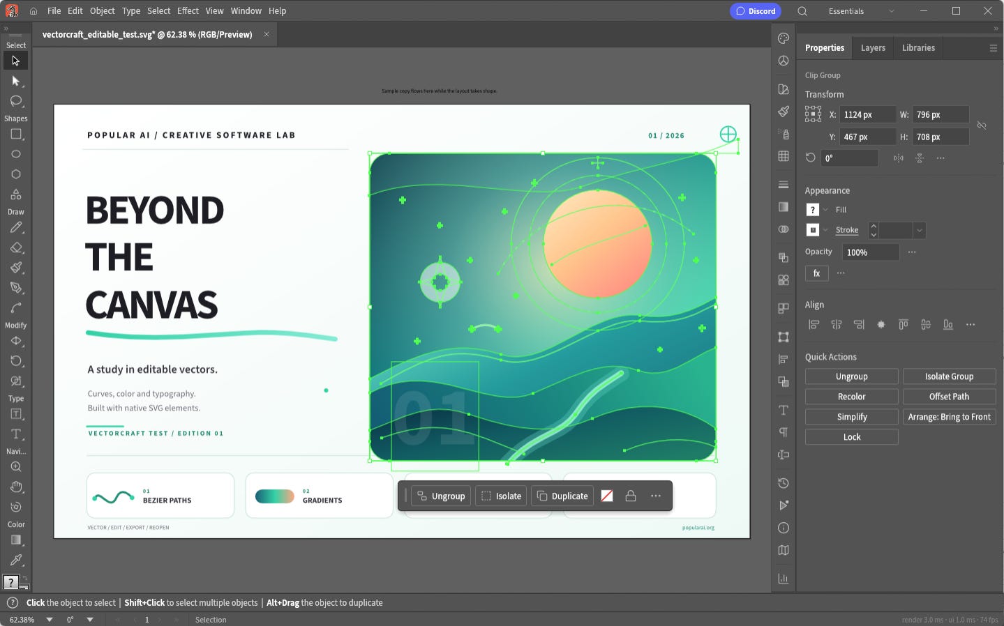 VectorCraft editing a vector illustration with paths and gradients.