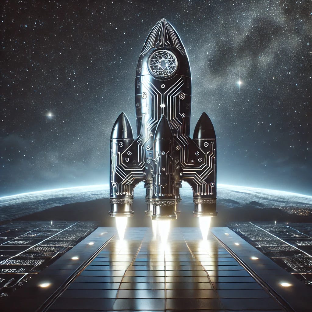 A conceptual art piece symbolizing crypto-anarchy and cypherpunks, depicted as a futuristic rocket. The rocket, sleek and metallic, features intricate designs of circuit patterns and binary codes etched along its hull, symbolizing digital encryption. It stands poised on a launchpad against a dark, starry sky, emitting a soft glow from its engines, ready to ascend. The scene conveys a sense of rebellion and pioneering spirit in the realm of digital privacy and freedom.