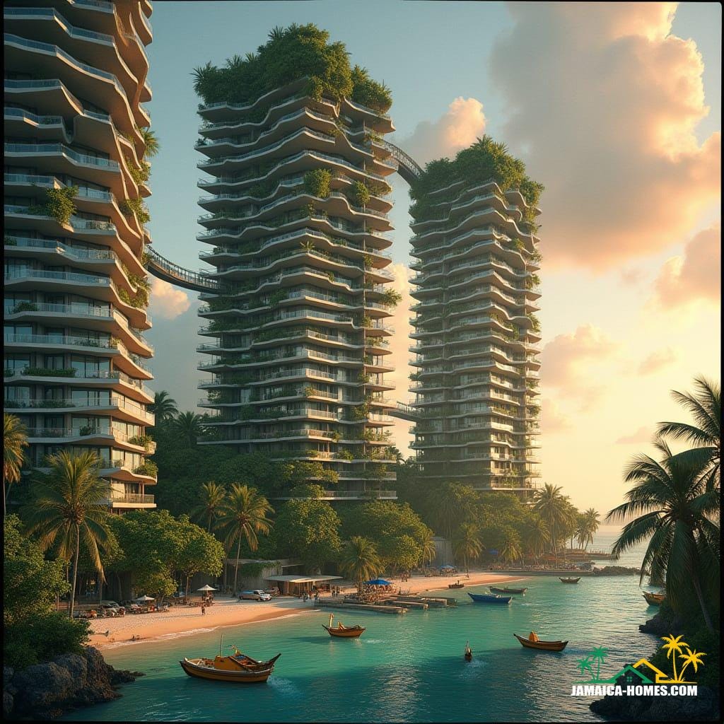 High-rise condos soaring above Montego Bay’s coast, reflective glass towers with tropical greenery spiraling upward, elevated walkways crossing between buildings, fishing boats on the water below