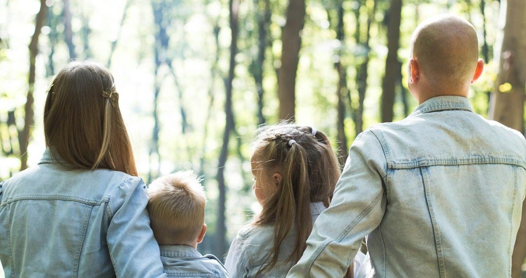 man and woman holding hands together with boy and girl looking at green trees during day