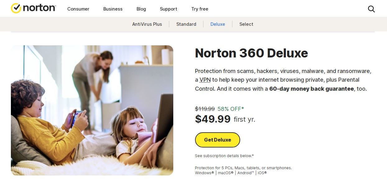 Norton 360 interface showcasing real-time threat protection and dashboard.