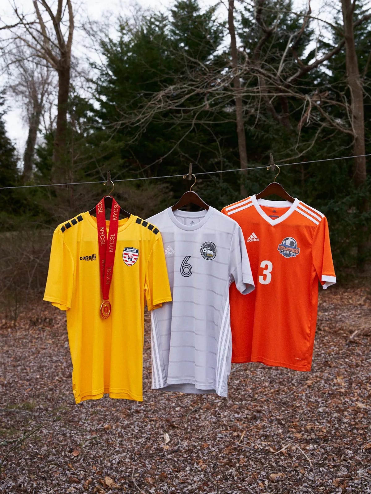 Chase Nasca’s soccer jerseys hang outside his house.