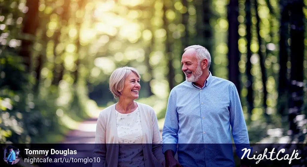 Discovering Wellness Through Scenic Nature Walks A fit elderly couple strolls in nature, enjoying fresh air to help prevent Alzheimer's.