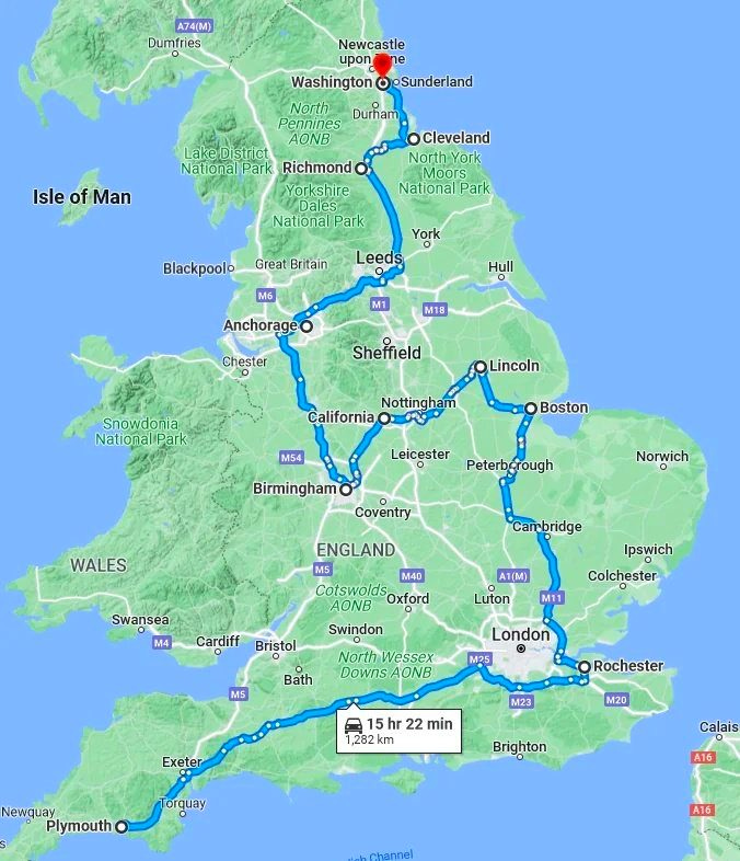 May be an image of map, road and text that says "A74(M) Dumfries Newcastle upon ne WashingtonO-Sunderland Washington Sunderland North Durnam Pennines es AONB Isle IsleofMan of Man LakeDistrict National Park Richmond Yorkshire Cleveland North-York Moors NationalPark Park National Park Blackpool- Great Britain York Leeds M6 Hull 1 Anchorage M18 Chester Sheffield Snowdonia NationalPark Lincoln Nottingham California M54 Boston Leicester Birmingham Peterbgrough WALES Coventry Norwich Cambridge Swansea M4 A1(M) Ipswich Colchester Luton Cardiff Bristol ENGLAND M5 M40 Cotswolds, Oxford AONB Swindon North Wessex DownsAONB Downs AONB M11 MS Bath London M25 Rochester Exeter M23 15 hr 22 min 1,282 km M20 Newquay Plymouth Forquay Brighton Calais A16 A16"