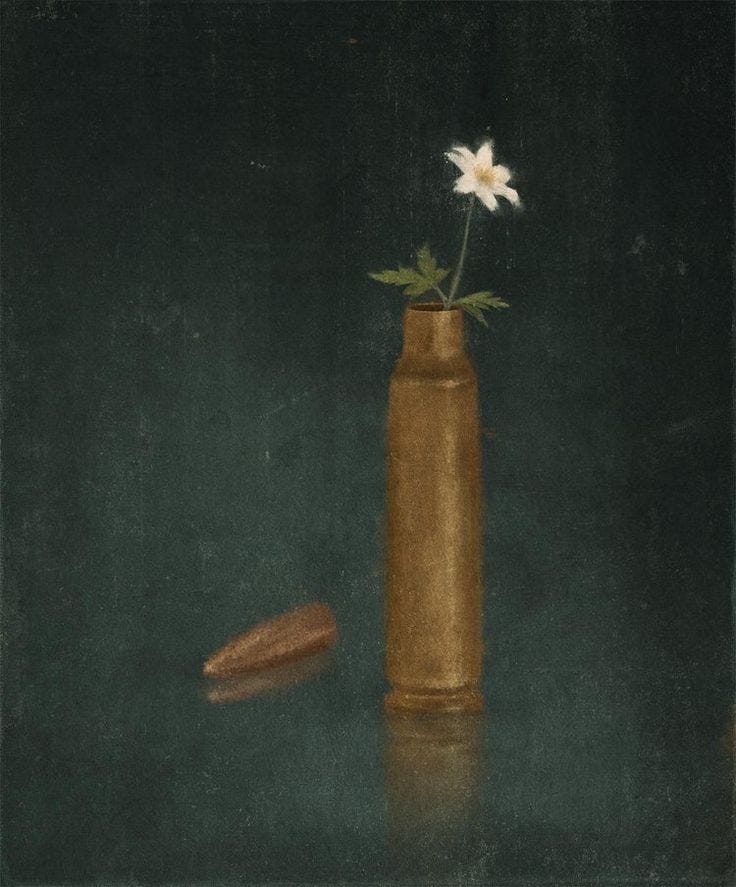 This may contain: a painting of a vase with a flower in it next to a piece of bread