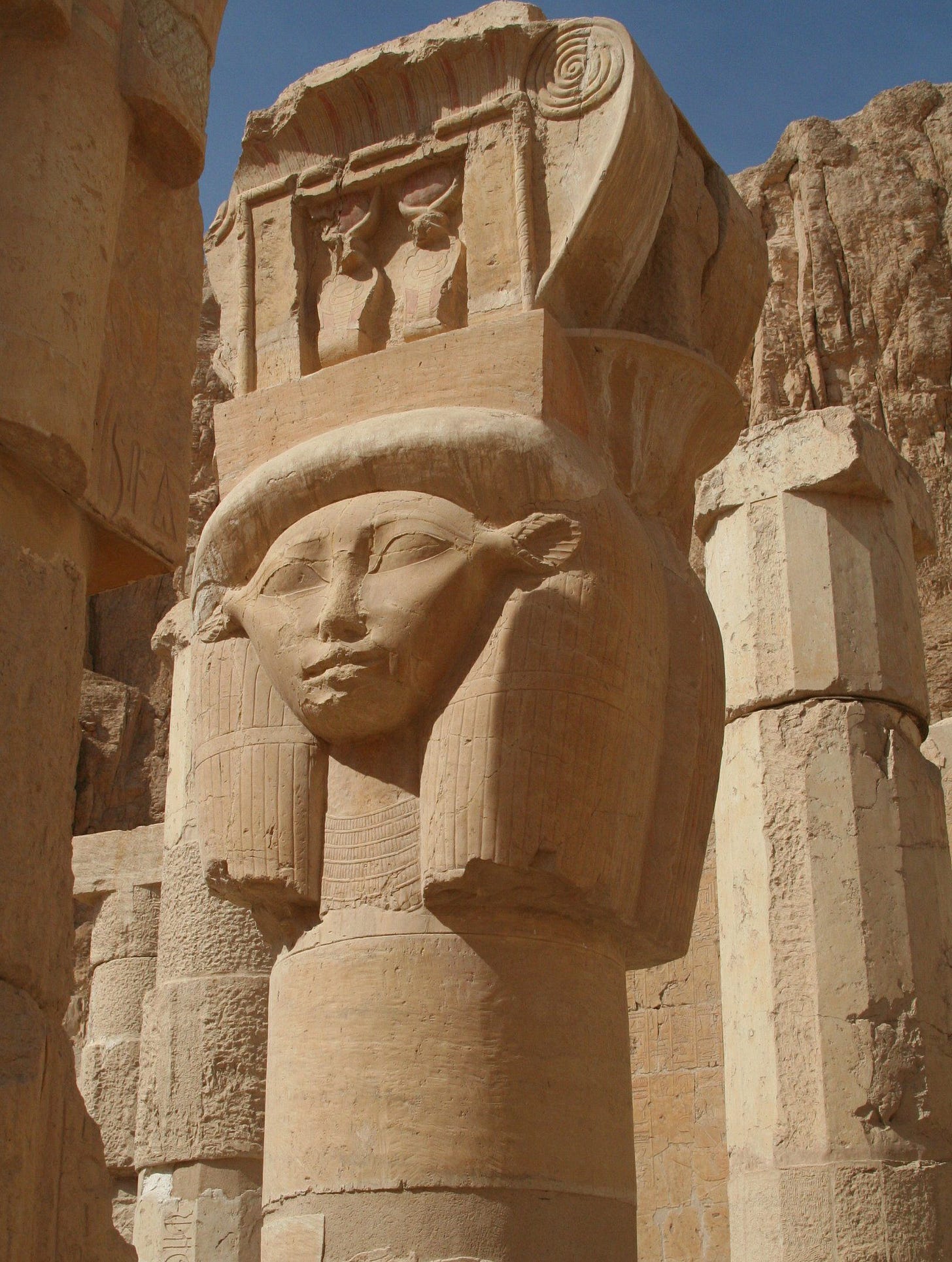 Hathor column from the temple of Hatshepsut. Luxor ,egypt.Author:Steve  F-E-Cameron (Merlin-UK) | Egyptian gods, Goddess of destruction, Egypt
