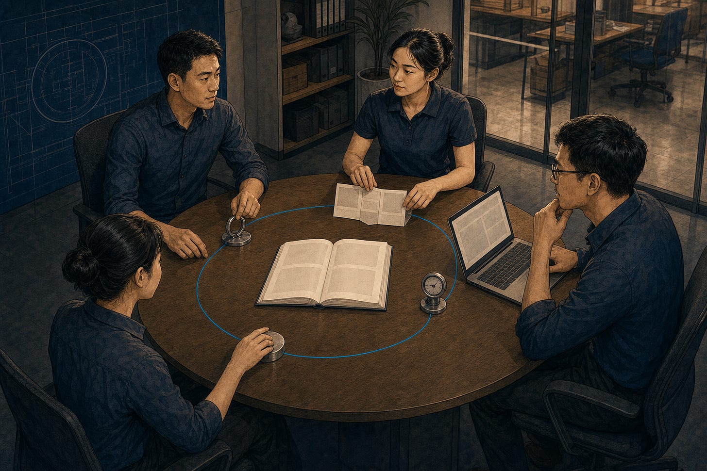  Bốn đồng nghiệp Việt Nam ngồi quanh bàn tròn, cùng làm việc với sổ quyết định mở và bốn chốt vật lý nối bằng một vòng sợi cerulean mảnh.