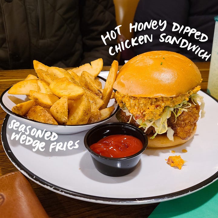 Honeymoon Chicken Hot Honey Dipped Chicken Sandwich, Wedge Fries, and Fried Chicken Sandwich Sliders with Coleslaw