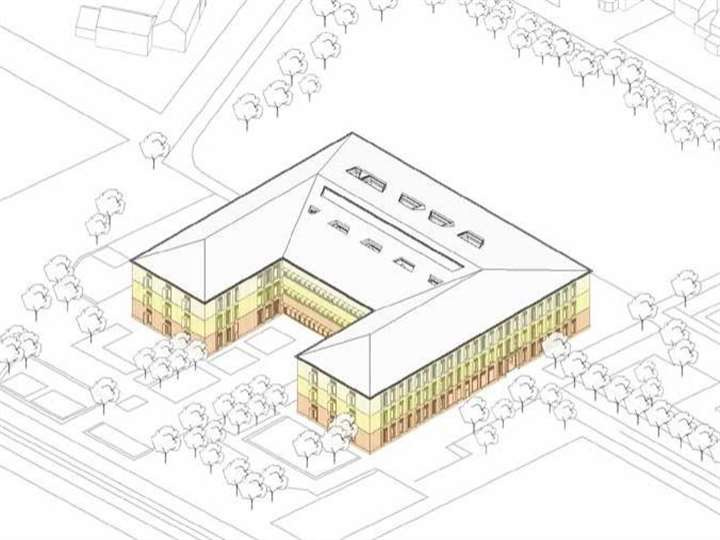 According to the most recent presentation, the building will be U-shaped and is split over three levels.