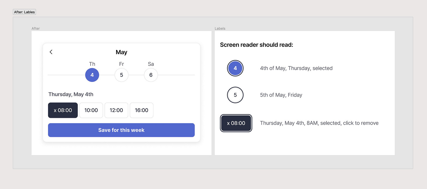 Lunchclub date picker with screen reader labels alongside
