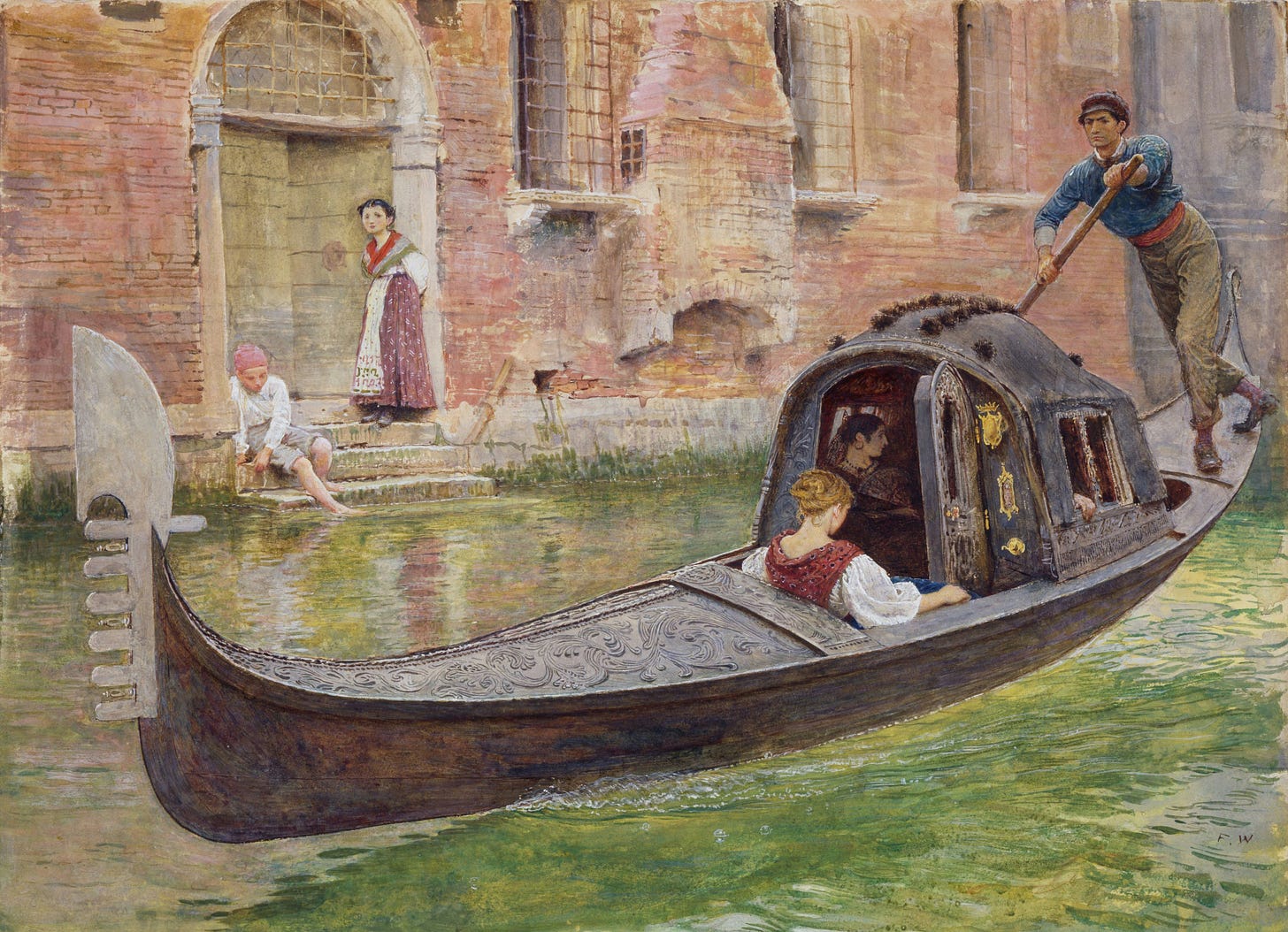 A man rowing a gondola with people inside, and two people watching from the side of the river