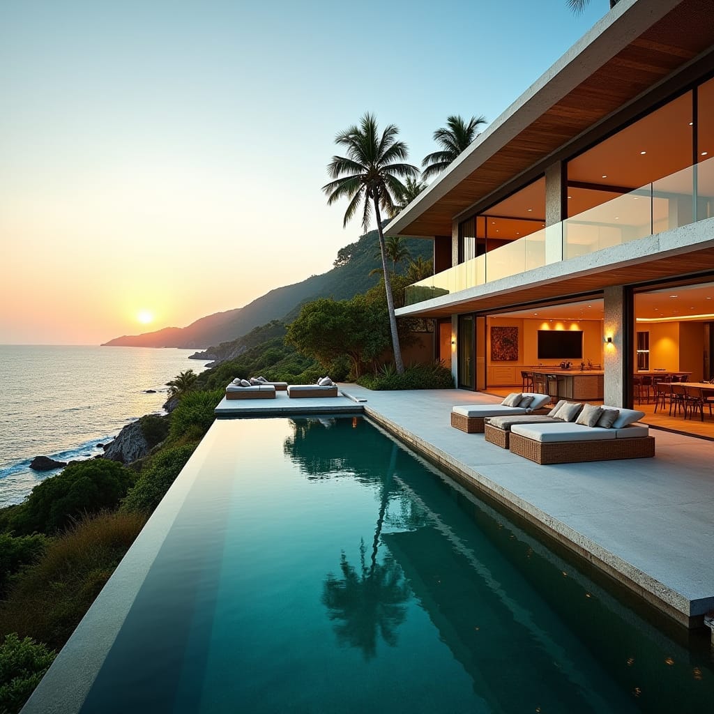 A luxurious modern Jamaican home perched on a hillside in Montego Bay, with floor-to-ceiling glass windows overlooking the vibrant turquoise ocean. The home features an infinity pool blending into the horizon, sleek contemporary architecture, and tropical landscaping with lush greenery. The exterior is a mix of natural wood, stone, and white walls, while the interior boasts open-plan living spaces with minimalist design and elegant furniture. The setting includes the sunset casting a warm glow over the ocean and the home. Tropical paradise, luxury living, serene atmosphere.