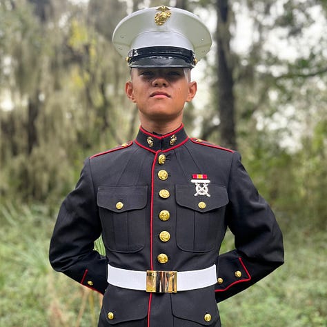 Mac in utes and boots, in dress blues, and in the civvies in the rea seat of the car