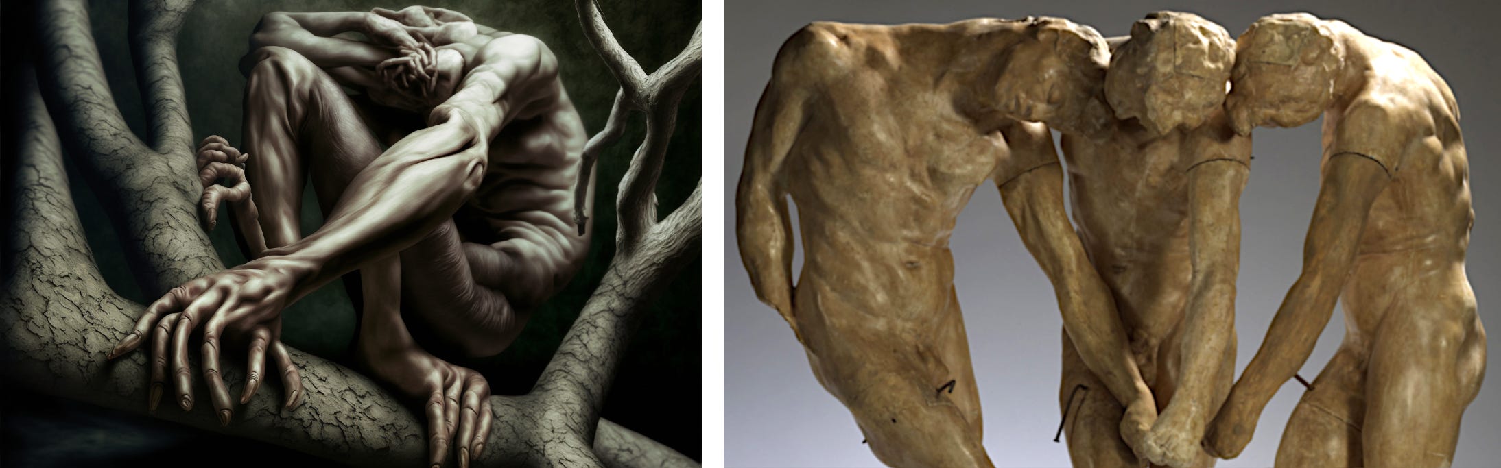 1) Miele: a naked body crouches on a tree branch, its legs distorted, bent in the wrong directions. One arm extends down to grasp a branch. Its legs may morph into hands that also grasp at the branches. All the hands, or possibly feet, are highly irregular and have too many fingers. At its shoulders, its head is difficult to discern but appears to hang down, unnaturally low, creating a horizontal upper edge that crowds the top of the image.  2) Rodin: a tan-colored plaster sculpture of three identical nude male figures arrayed side by side. They stand with their necks bent down at unnatural angles and their heads hanging low, below their shoulders. They are positioned in a semi-circle, so their heads meet, huddling together. Each figure’s left arm extends down to meet the others’. Their other arms hang at their sides, broken at the forearms; their hands missing. The way their heads hang at the shoulder creates a horizontal sightline that makes for an unusual, crowded, strained gesture.