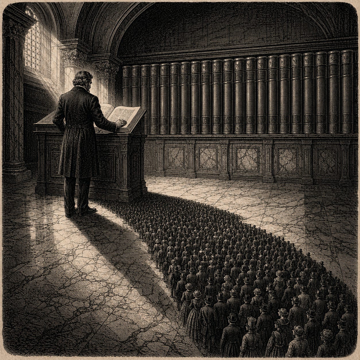 Wood-engraving editorial illustration in the Thomas Nast Harper's Weekly style for Attention Capital's essay The Presold Epic, Section III: The Auteur as Owned Audience. A lone filmmaker stands at a lectern before twenty bound ledger volumes, and his long shadow across the marble floor is formed of hundreds of tiny figures, a crowd inside his silhouette. The image argues that an auteur brand is a demand record with a 20-year payment history: documented, repeat, price-inelastic audience behavior attached to one name. Keywords: Christopher Nolan brand, auteur box office record, Oppenheimer IMAX gross, owned audience, demand record, film finance underwriting. Wood-engraving editorial illustration in the Thomas Nast Harper's Weekly style for Attention Capital's essay The Presold Epic, Section III: The Auteur as Owned Audience. A lone filmmaker stands at a lectern before twenty bound ledger volumes, and his long shadow across the marble floor is formed of hundreds of tiny figures, a crowd inside his silhouette. The image argues that an auteur brand is a demand record with a 20-year payment history: documented, repeat, price-inelastic audience behavior attached to one name. Keywords: Christopher Nolan brand, auteur box office record, Oppenheimer IMAX gross, owned audience, demand record, film finance underwriting.
