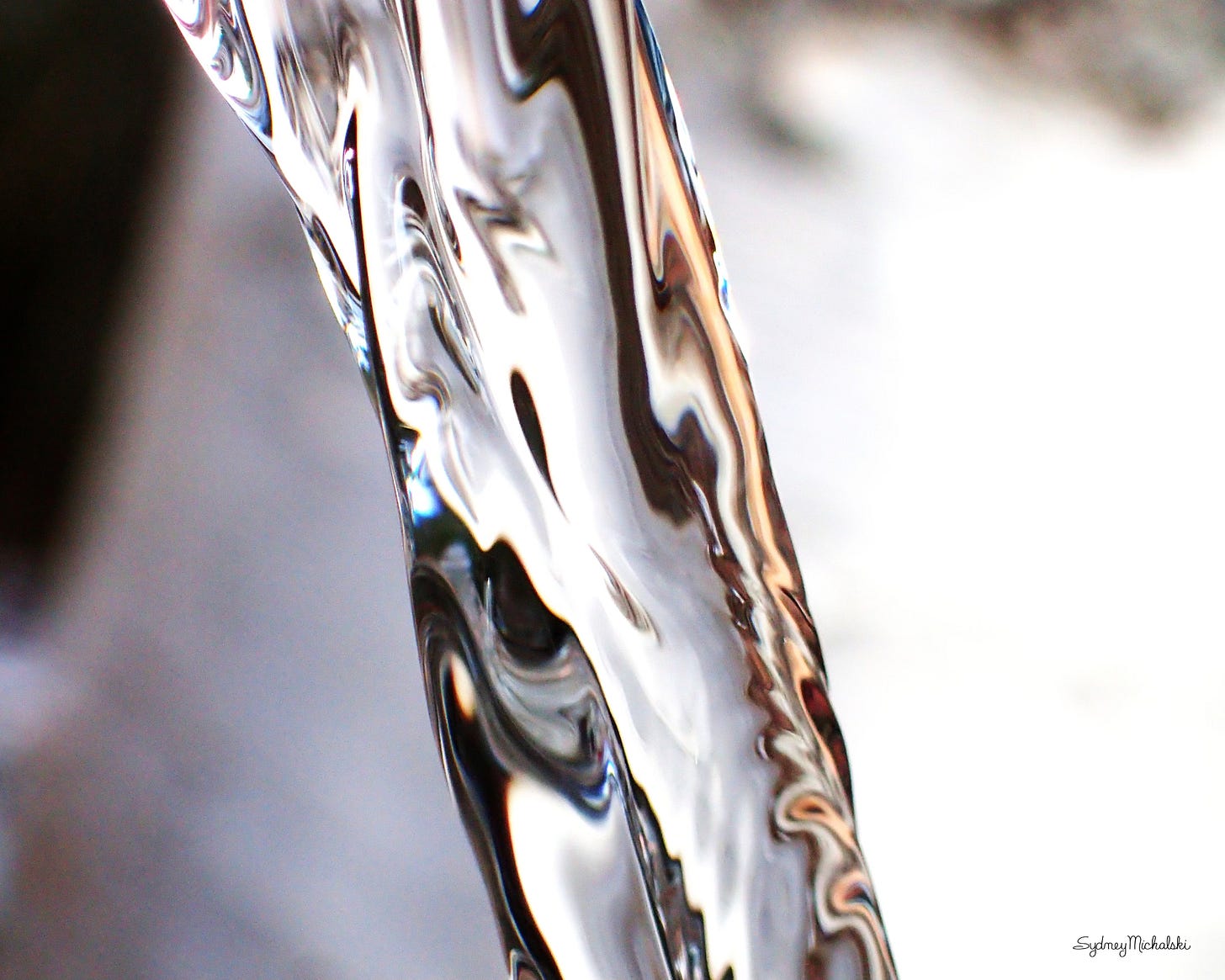 Crystal clear maple sap pours in a shimmery stream.