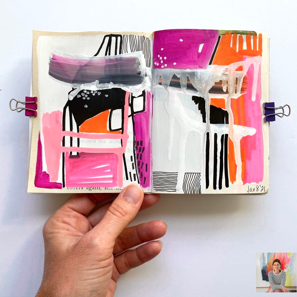 Photo of a hand holding a small open art journal with abstract art painting by Sara Schroeder Photo of a hand holding a small open art journal with abstract art painting by Sara Schroeder