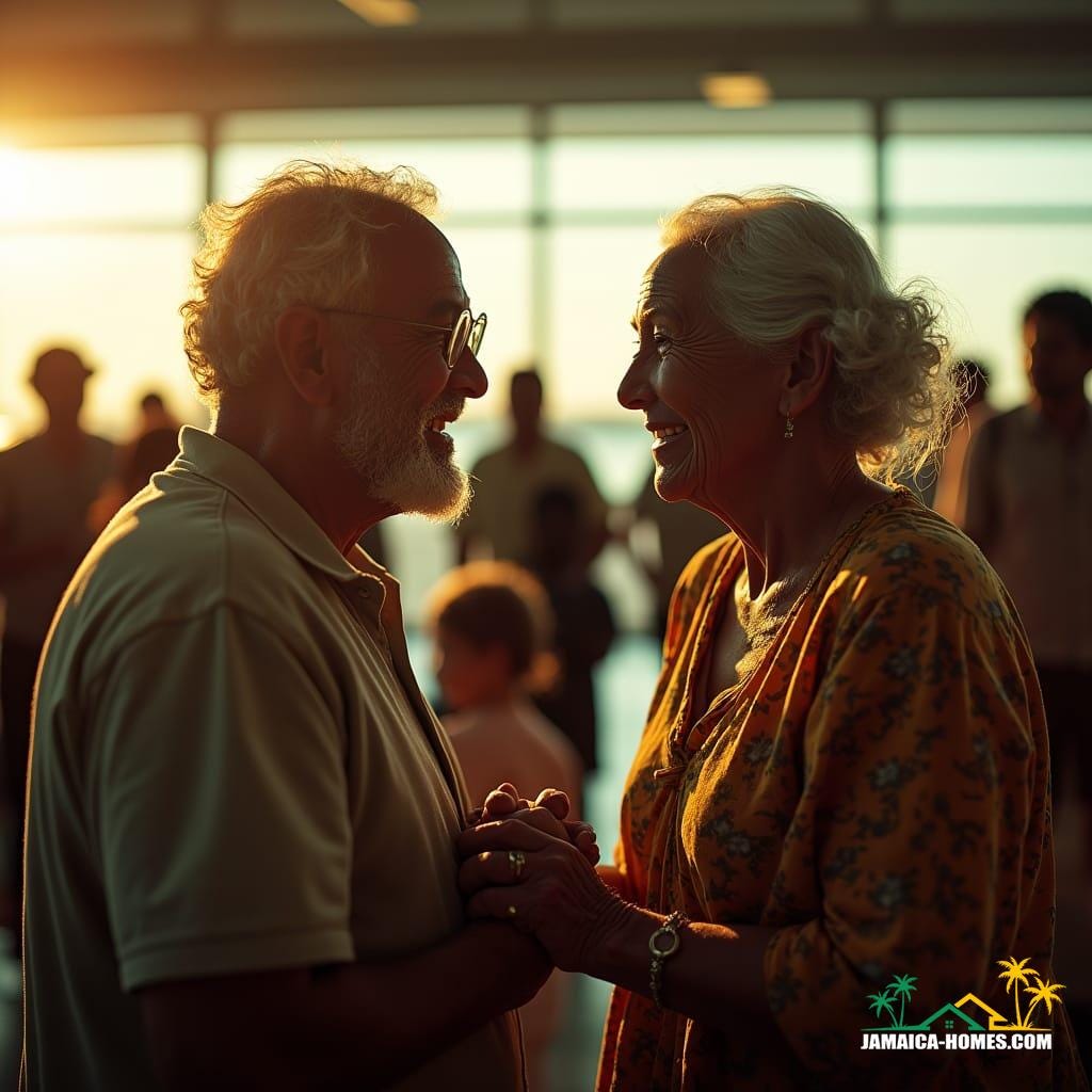 Aged Jamaican couple, wrinkled hands clasped together, warm smiles on weathered faces, standing at airport gate, bathed in golden, cinematic light, surrounded by blurred travelers, as they gaze out at the island landscape, returning home after decades away, captured in a live-action, 35mm film still, with pronounced film grain, subtle vignette, and masterful color grading, evoking a sense of nostalgia and longing, reminiscent of the works of Roger Deakins