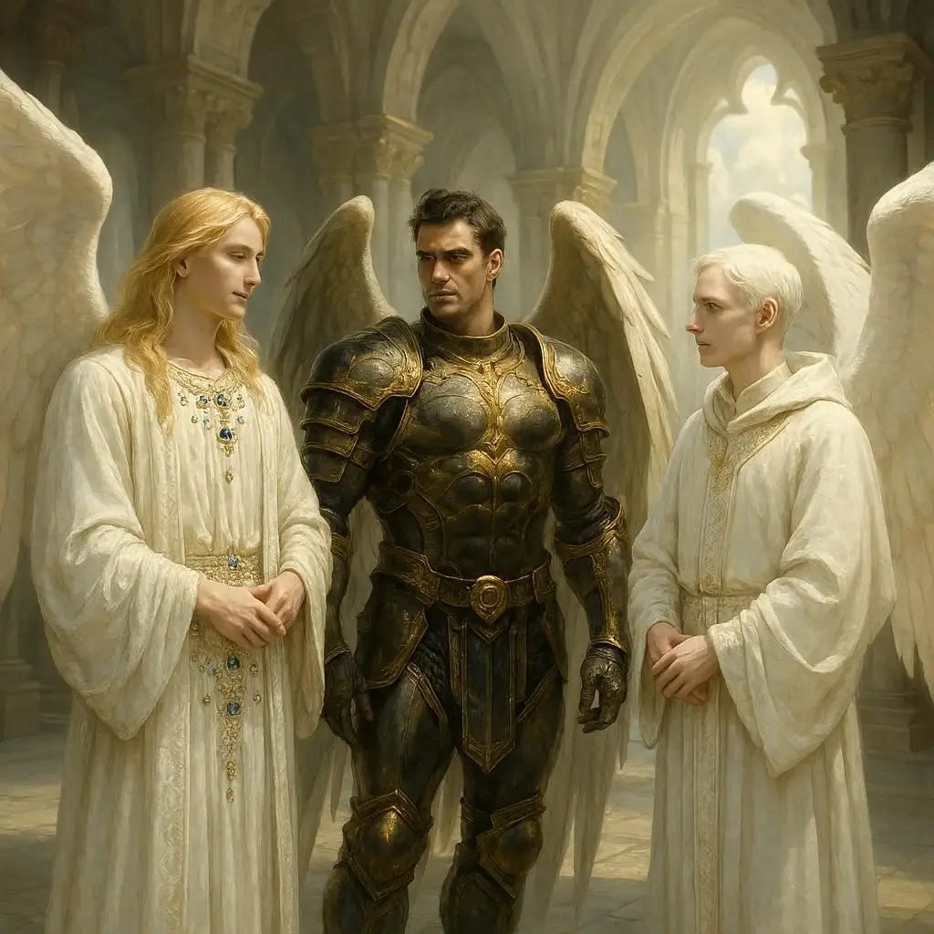 A handsome and very beautiful angel that has long blonde hair and wears a white robe that is adorned in jewels, another warrior angel who is covered in gold and black armor and is extremely muscular and another angel who is a high priest/cleric and is clean shaven, pale and has white hair and looks young and slim and all three standing and talking in the main hall of a castle. realistic. heavenly. in heaven.