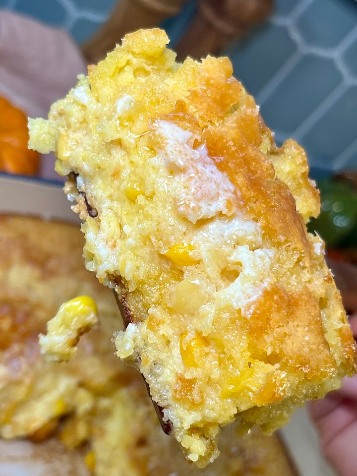 piece of corn puddle or souffle with butter on top