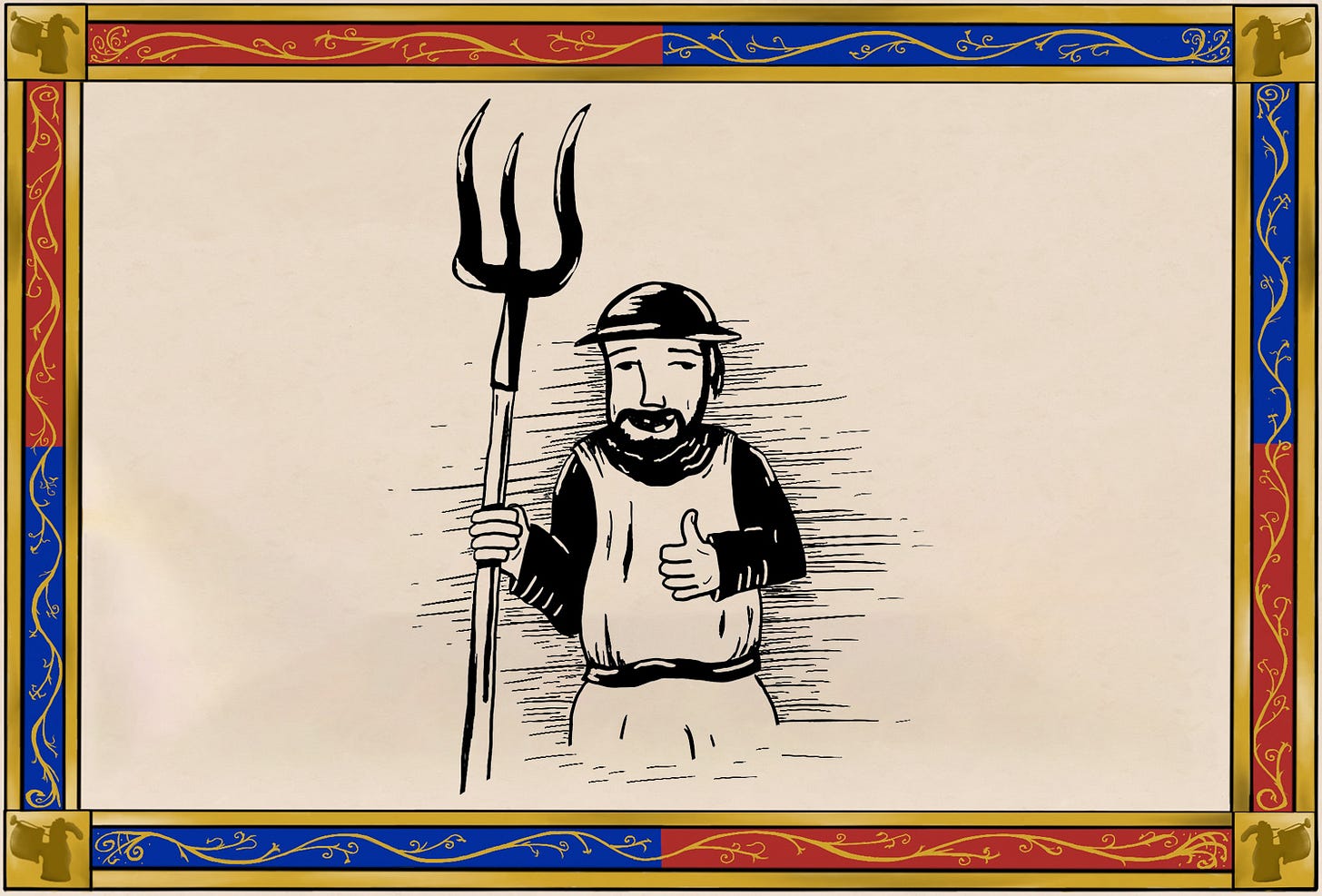 medieval soldier with pitchfork giving thumbs up