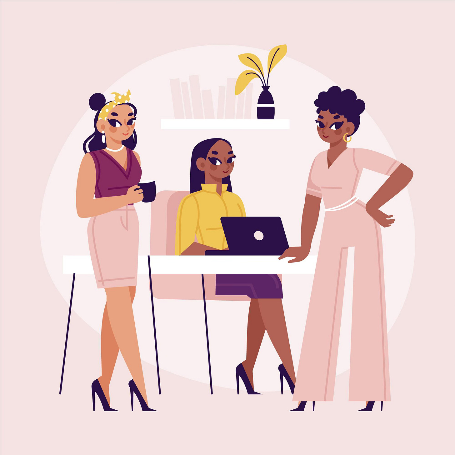3 businesswomen, one sitting at desk, two standing next to it