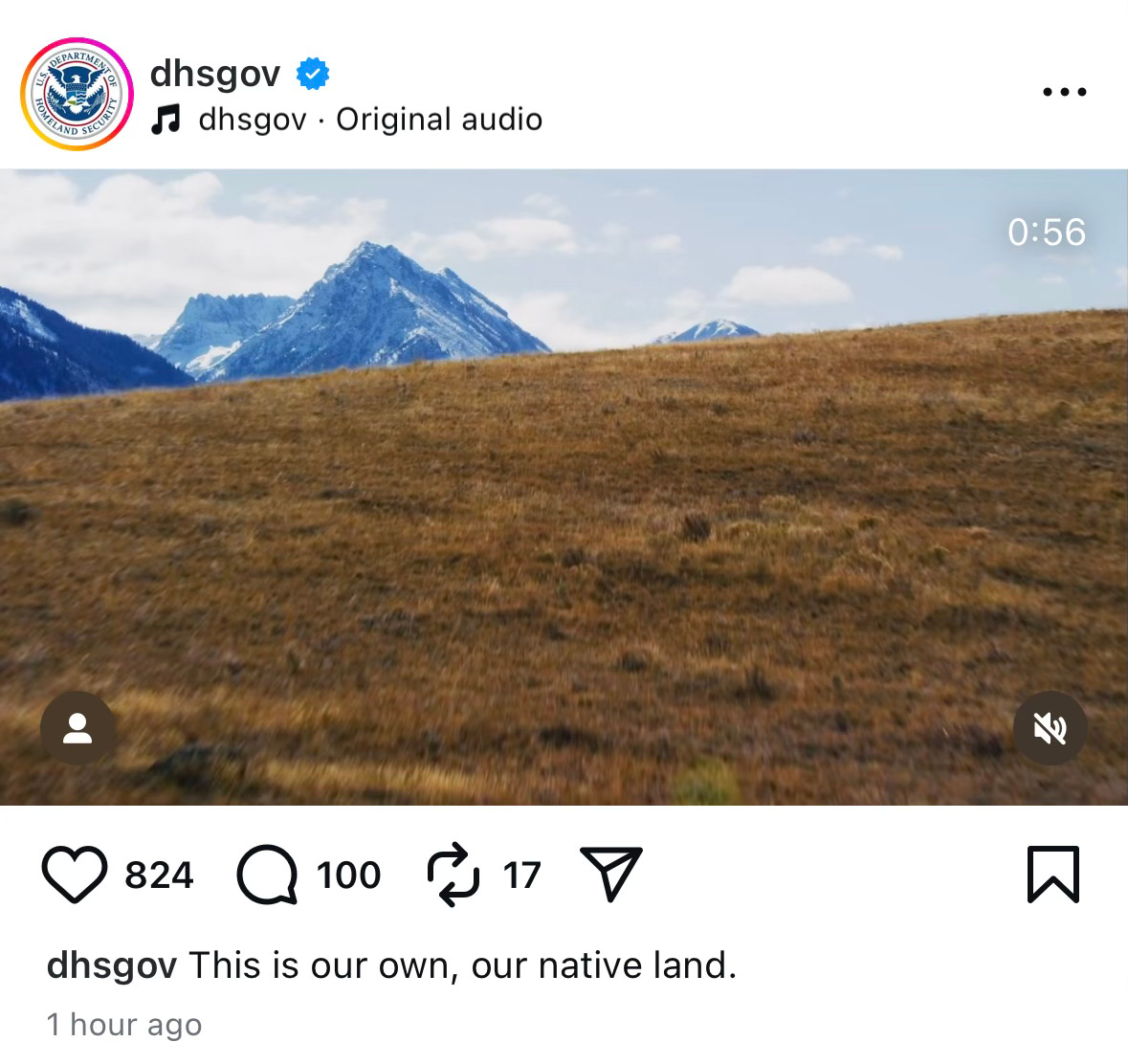 Screen shot of DHS Instagram post; caption reads "This is our own, our native land"