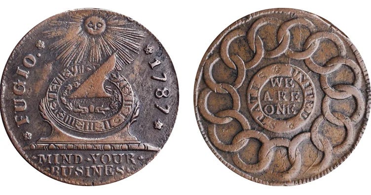 Front and back of the first official U.S. penny, the 1787 Fugio cent, designed by Benjamin Franklin.