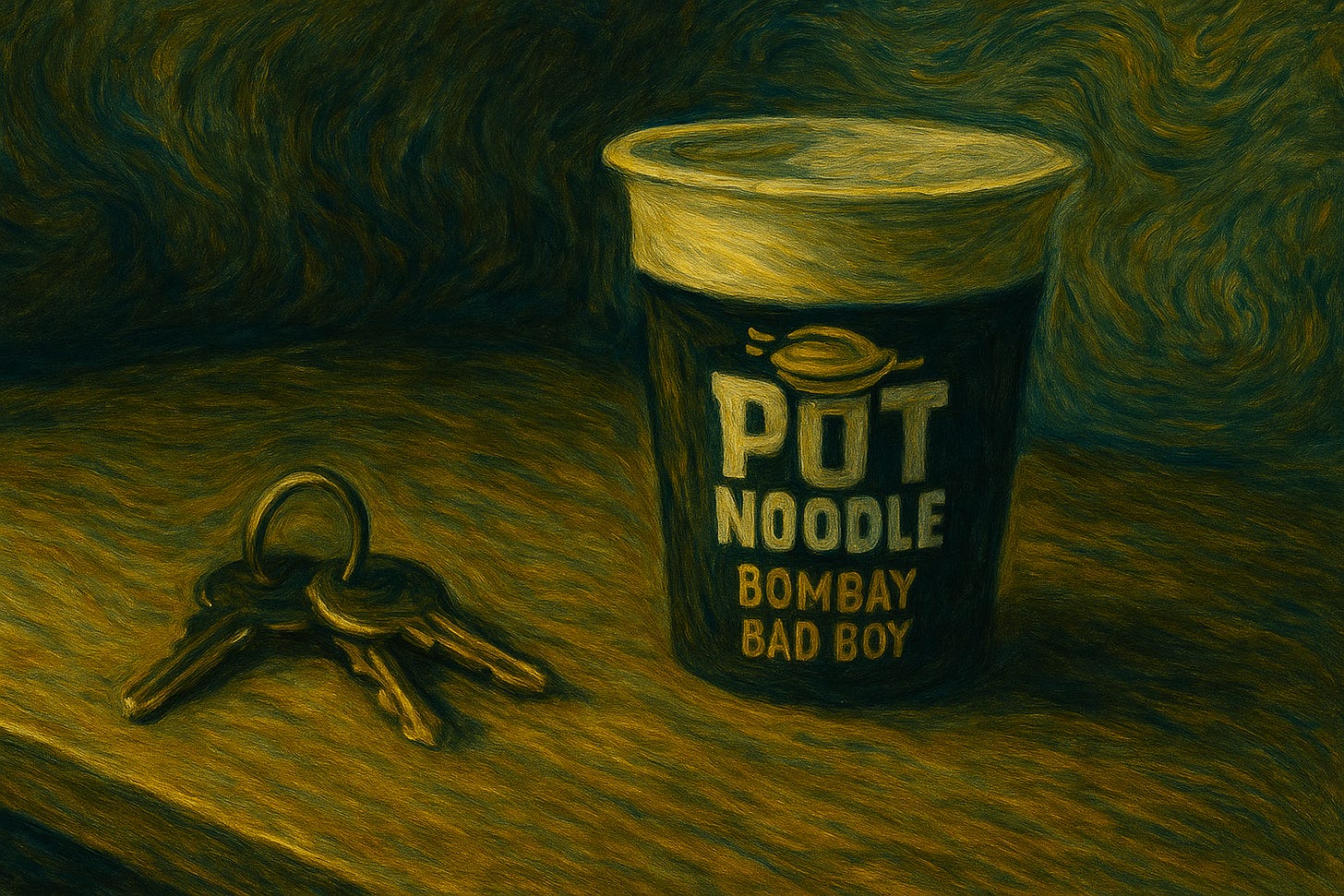Expressionist oil painting of a Pot Noodle cup labeled “Bombay Bad Boy” placed on a wooden desk beside a small set of keys. Swirling brushstrokes in dark blues, greens, and ochres animate the background and surface, with the yellow text and metallic keys standing out against the moody scene. Expressionist oil painting of a Pot Noodle cup labeled “Bombay Bad Boy” placed on a wooden desk beside a small set of keys. Swirling brushstrokes in dark blues, greens, and ochres animate the background and surface, with the yellow text and metallic keys standing out against the moody scene.