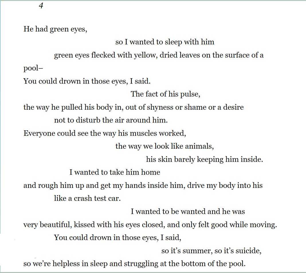 Screenshot of an excerpt from Richard Siken's Little Beast, section 4. It starts "He had green eyes".