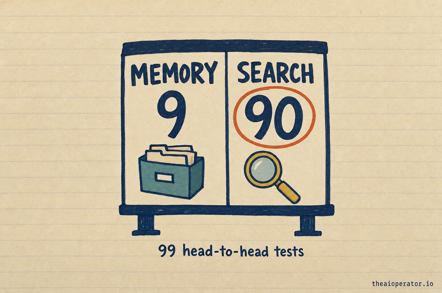 Hand-drawn scoreboard with two columns: memory 9, and search 90 circled in orange. Caption: 99 head-to-head tests. Hand-drawn scoreboard with two columns: memory 9, and search 90 circled in orange. Caption: 99 head-to-head tests.