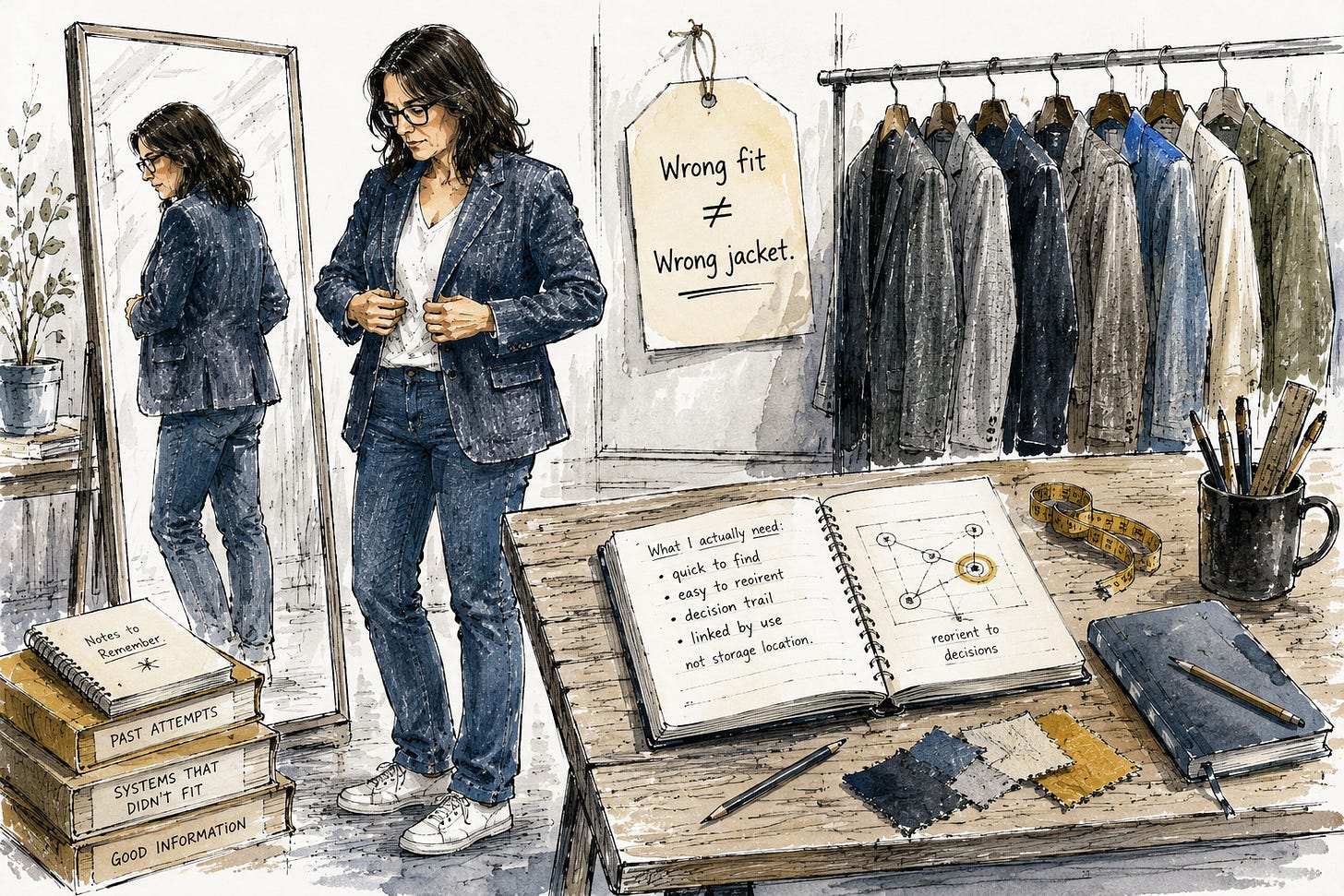 Editorial illustration of a woman in a tailor's fitting room trying on a jacket that doesn't quite fit while examining it thoughtfully rather than rejecting it. Nearby tailoring tools, fabric swatches, and notes suggest that the poor fit is useful information for making a better decision rather than evidence of failure.