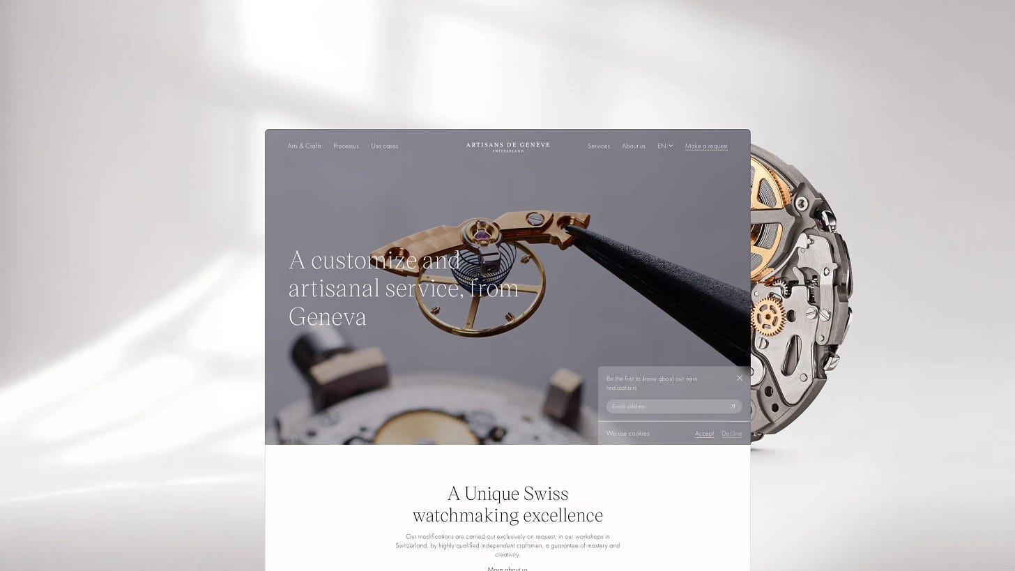 Page d’accueil du site Artisans de Genève présentant un composant horloger tenu par une pince, dans une esthétique suisse raffinée et haut de gamme.