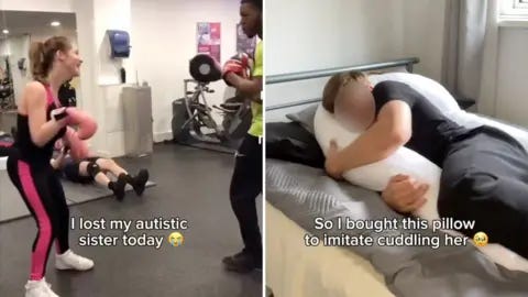TikTok Two screenshots of a TikTok video. On the left is a woman in a gym wearing boxing gloves while training with a personal trainer. On the right is a man lying in bed wearing a black T-shirt and trousers while cuddling a pillow. His face has been blurred. TikTok Two screenshots of a TikTok video. On the left is a woman in a gym wearing boxing gloves while training with a personal trainer. On the right is a man lying in bed wearing a black T-shirt and trousers while cuddling a pillow. His face has been blurred.