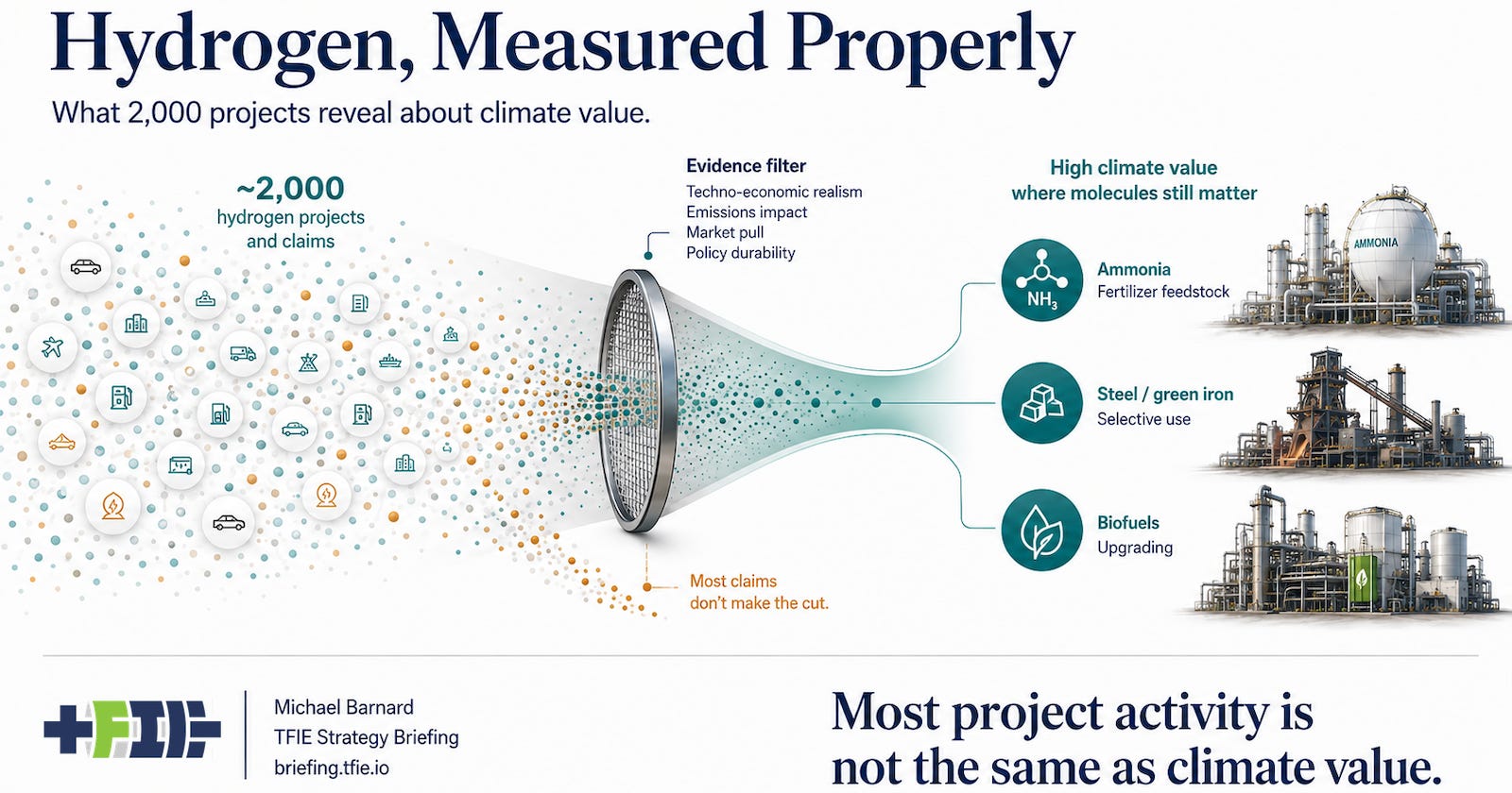 Hydrogen project claims narrowing through an evidence filter toward ammonia, steel, and biofuels. Hydrogen project claims narrowing through an evidence filter toward ammonia, steel, and biofuels.